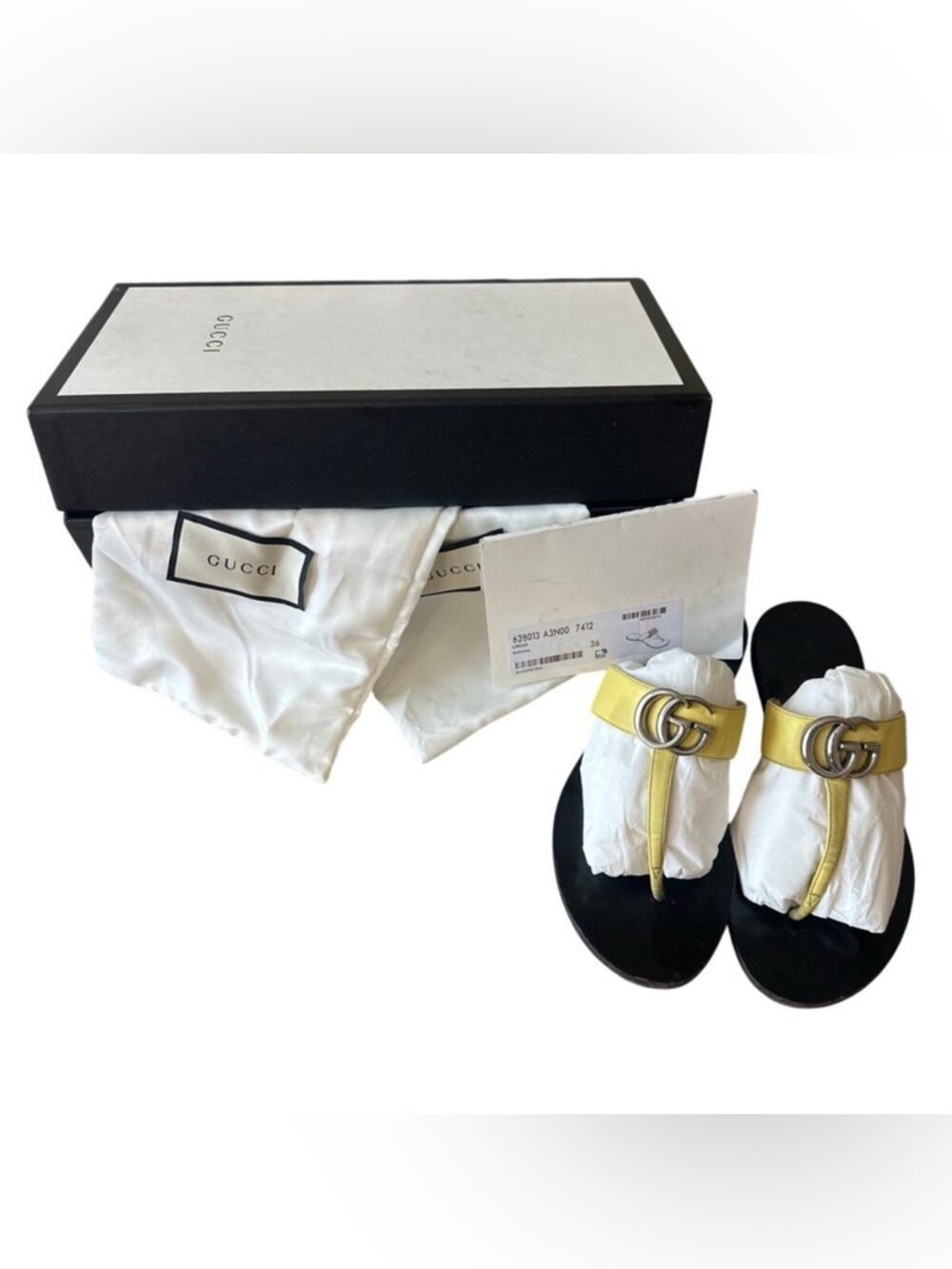 Gucci Lifford Double G Marmont Thong Sandals Banana Yellow 36
